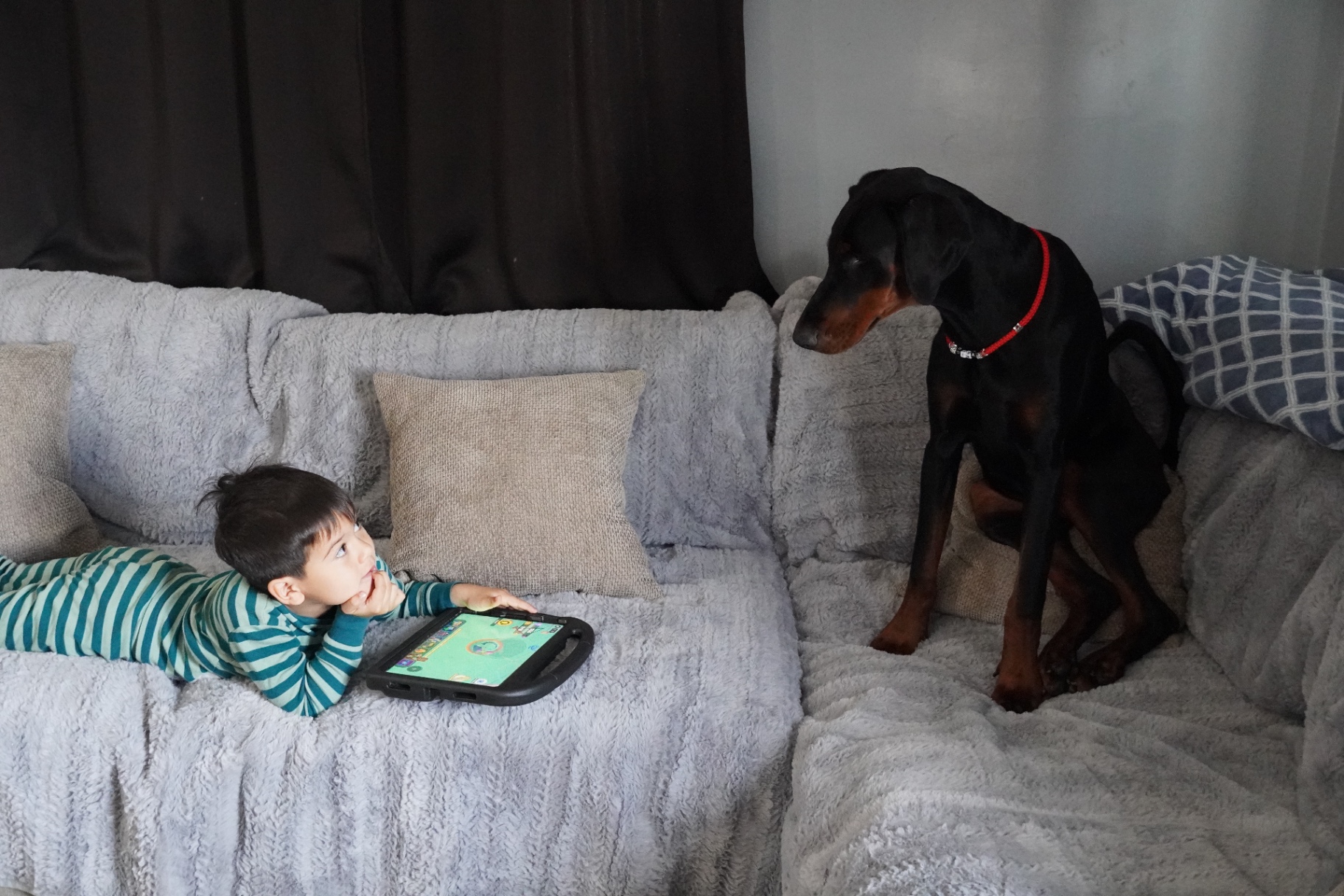 Diva keeping watch beside one of our children on the couch